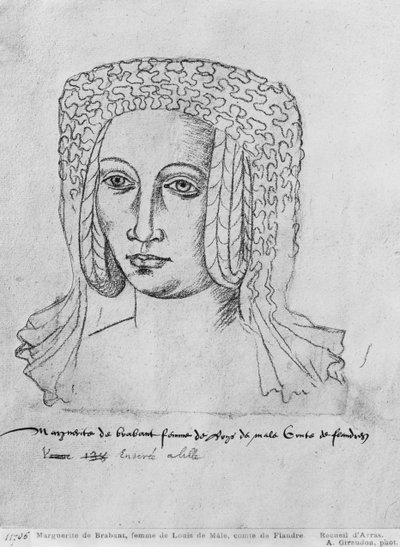 Ms 266 fol.55 Marguerite de Brabant, wife of Louis II of Flanders, also Louis III of Artois and Louis I of Palatine Burgundy, known as Louis of Male, from The Recueil d